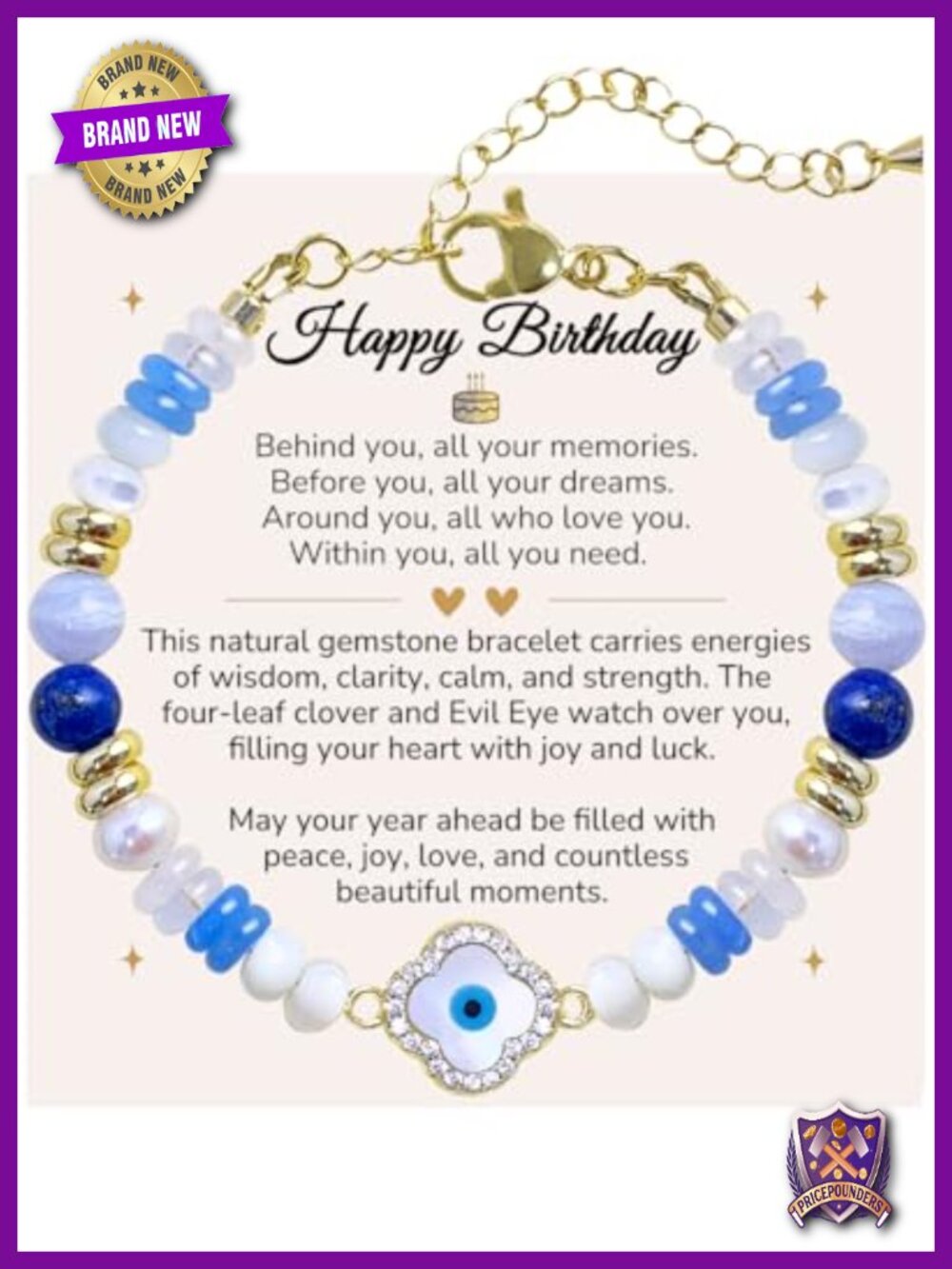 Charm Bracelet with Evil Eye Clover, Lapis Lazuli & Pearl Adjustable